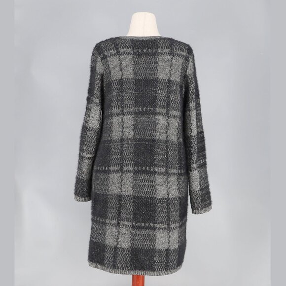 J.JILL Windowpane Long Fuzzy Knit Cardigan Sweater Black Gray Size L - Picture 4 of 8